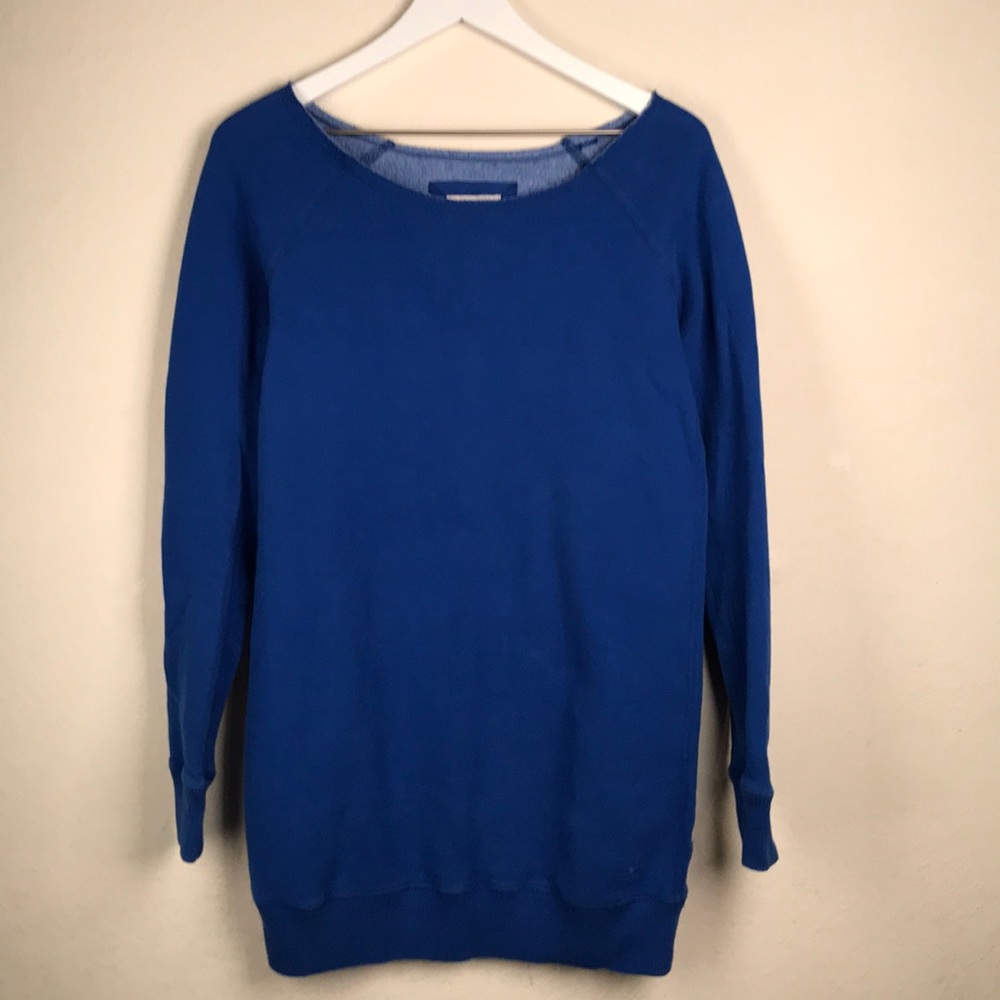 Aerie Fleece Raw Cut Neck Long Sweatshirt Blue Sm